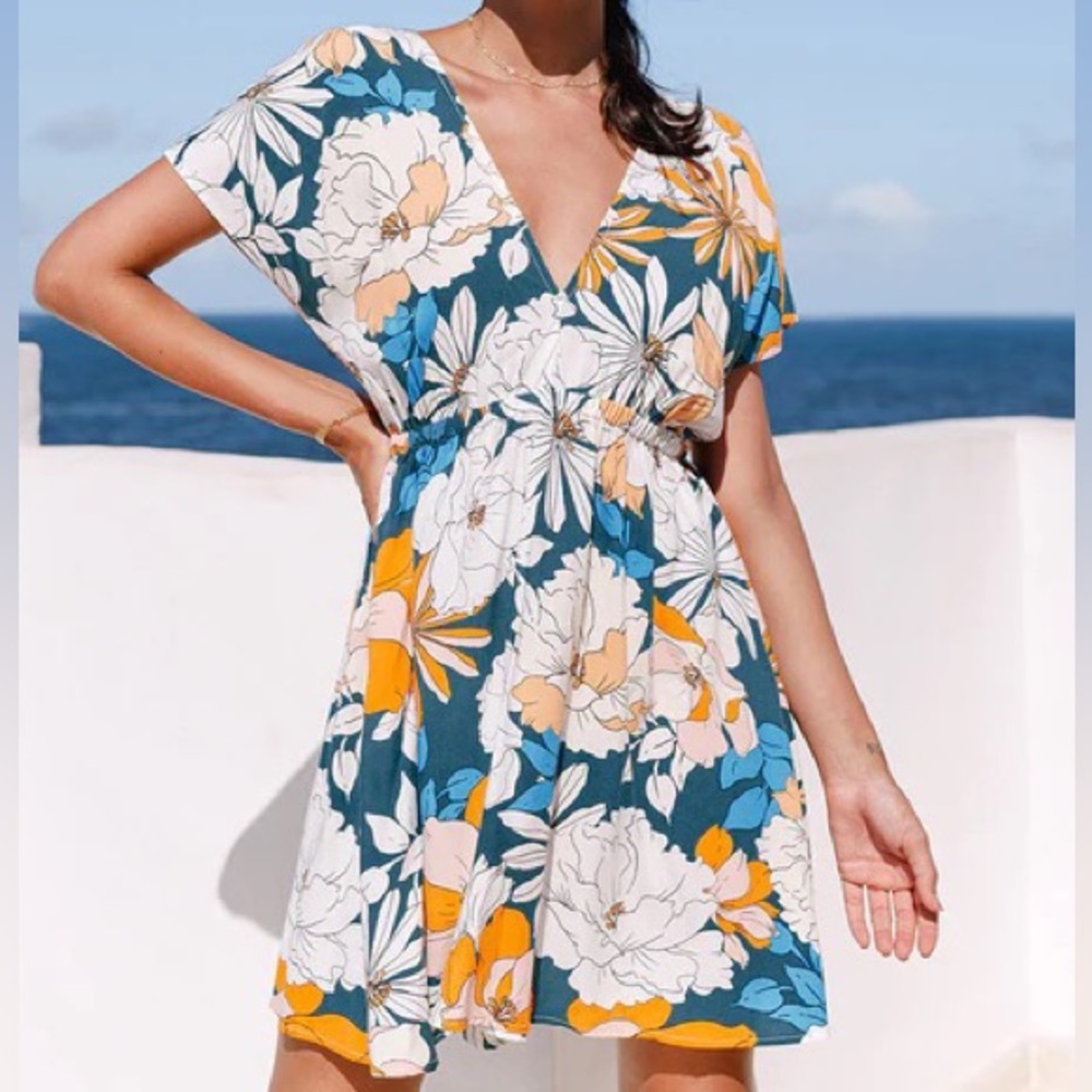 NWT Cupshe Teal Floral Mini Dress with White and Yellow Accents